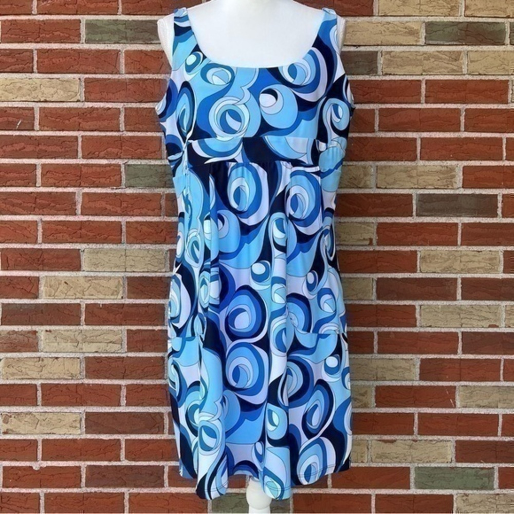 Jude Connally Empire Waist Scoop Neck Blue White Swirl Print Sleeveless Dress 👗
